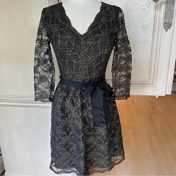 DKNY Metallic Lace Overlay V-Neck Dress With Sheer Sleeves - Picture 8 of 16